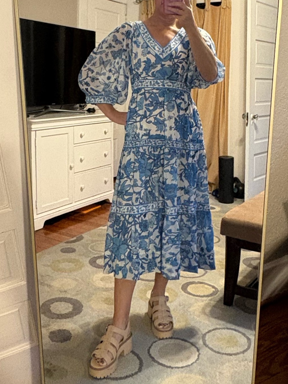 Gretchen Scott Blue Floral V-Neck Tiered Dress Maxi XS Frolic Birds Butterfly - Picture 10 of 12